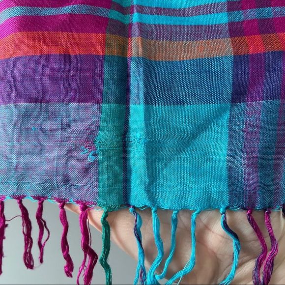 Vintage Echo Square Plaid Scarf Fringe Blue Purple - Picture 7 of 7